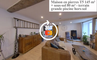 Maison en pierres 145 m² T5, sous sol 80 m², piscine, jardin 360 m². Rénovée.